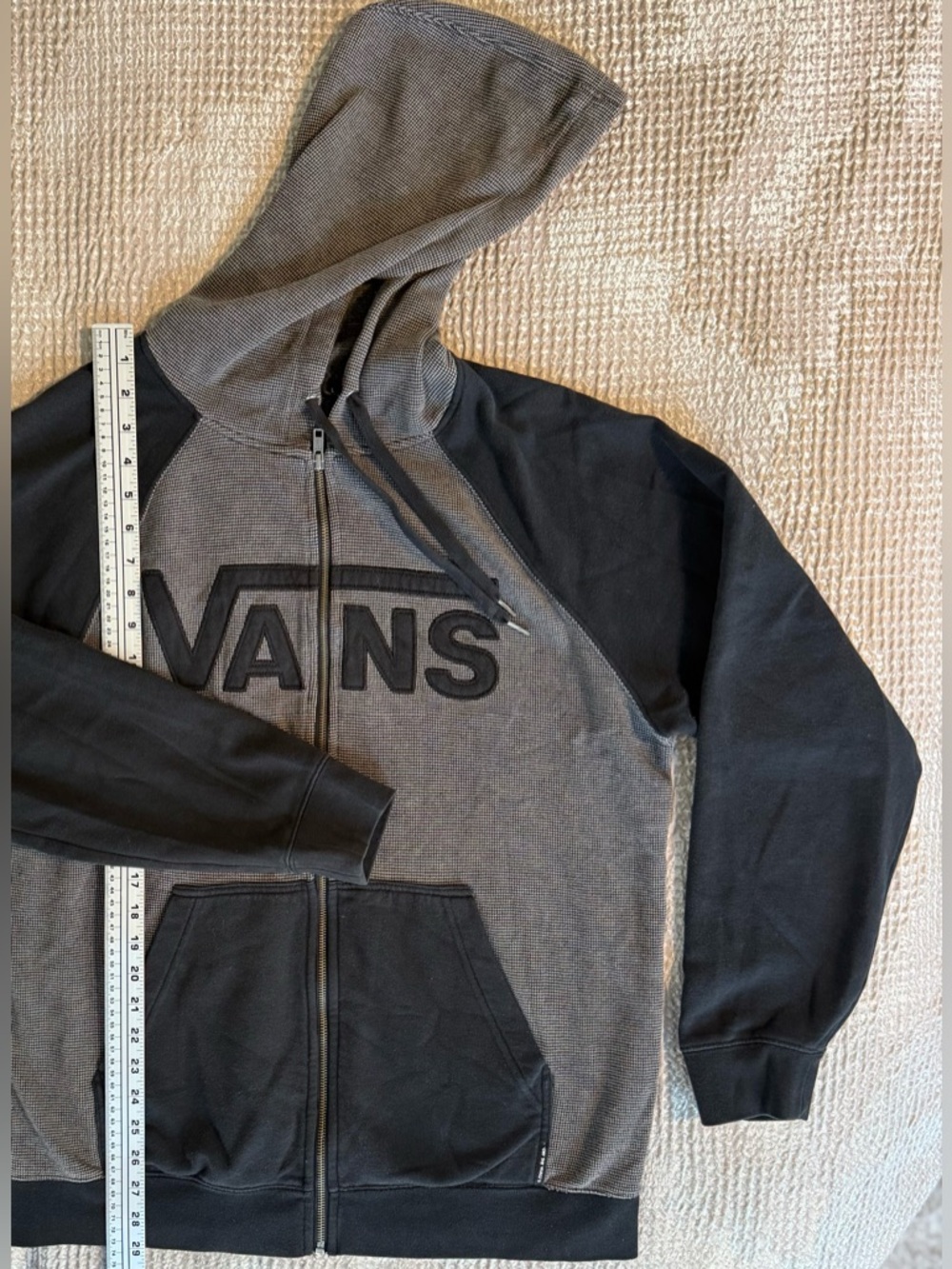 Vans Full Zip Hoodie Mens L Gray Black Logo Waffle Thermal Streetwear 🛹 - Picture 15 of 16